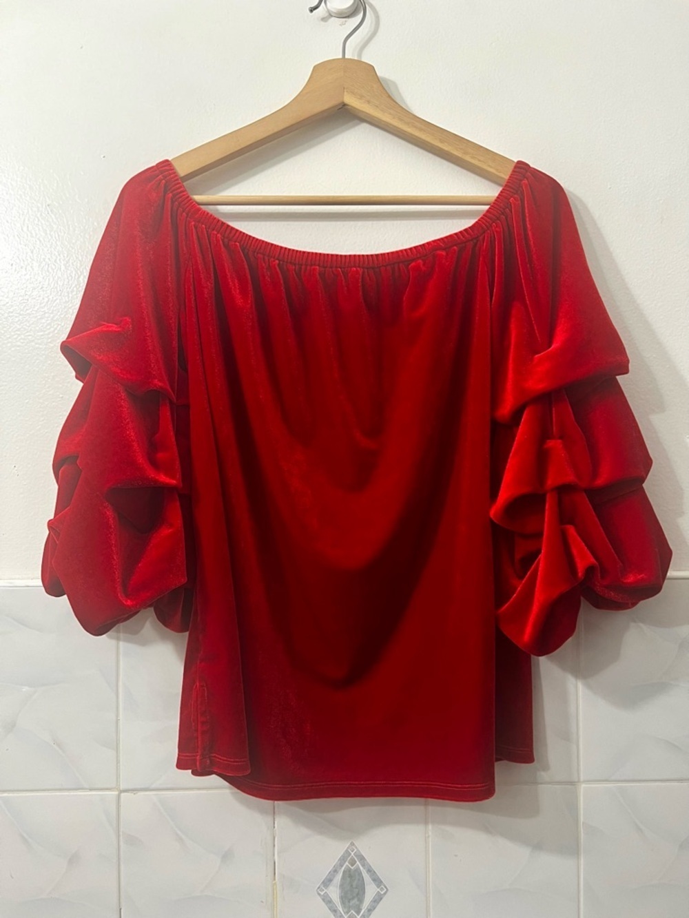 Off Shoulder Lantern Sleeve Velvet Top Women’s M Vamp Whimsigoth 70s Disco Retro